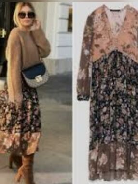 Zara Boho Floral Patchwork Midi Flowy Dress Empire Waist Sz M Nwt